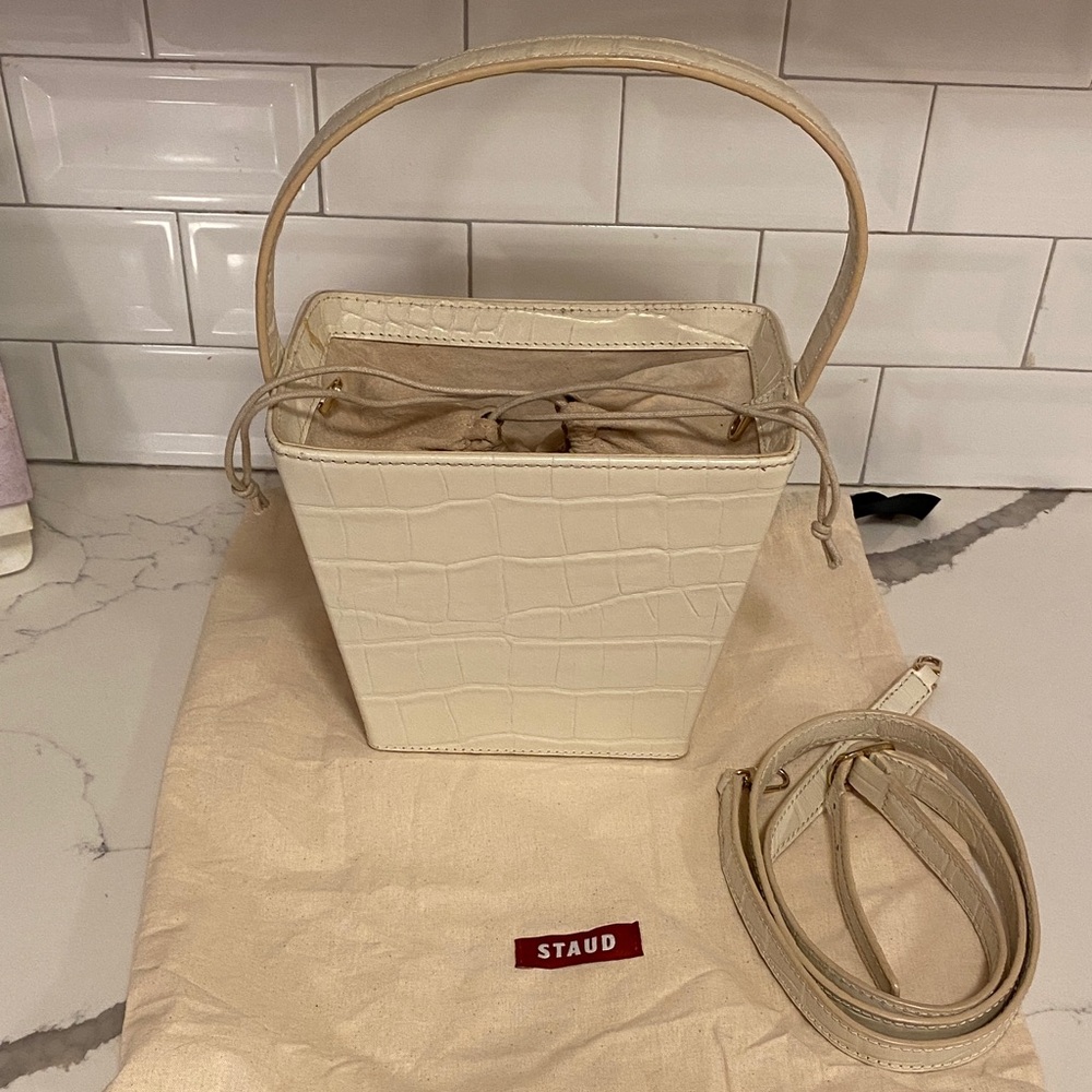 STAUD Ivory Croc-Embossed Shoulder Bag